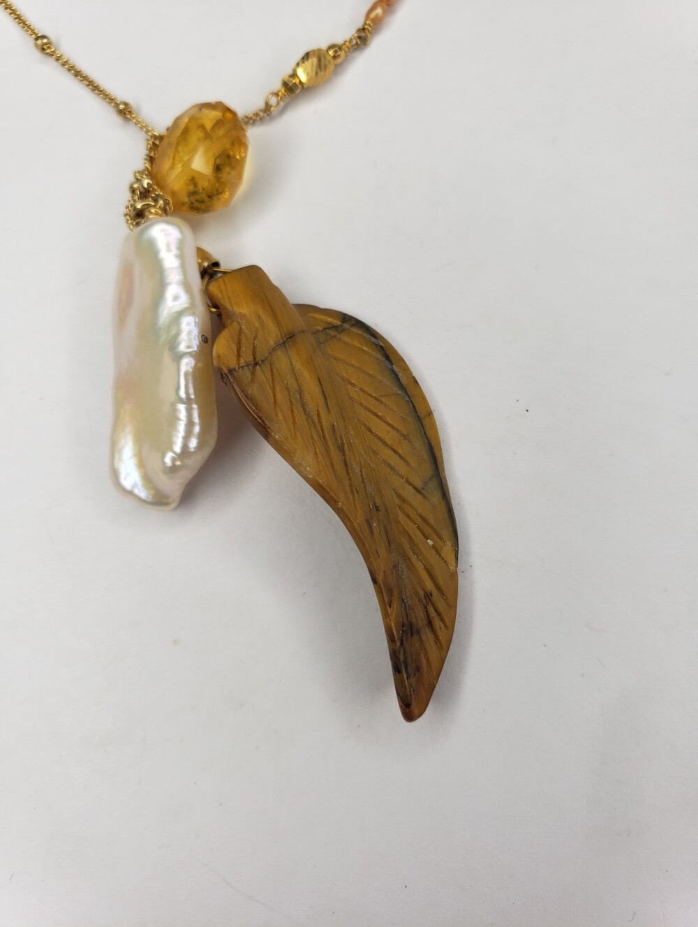 Chan Luu 925 Gold Necklace with Brown Tiger Eye Wing and Cream Pearl Charms - Picture 3 of 6